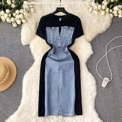 Sexy o neck short sleeve PATCHWORK cowboy Chic Dress Birthday Party Fashion Women Clothing Ball Gown dresses