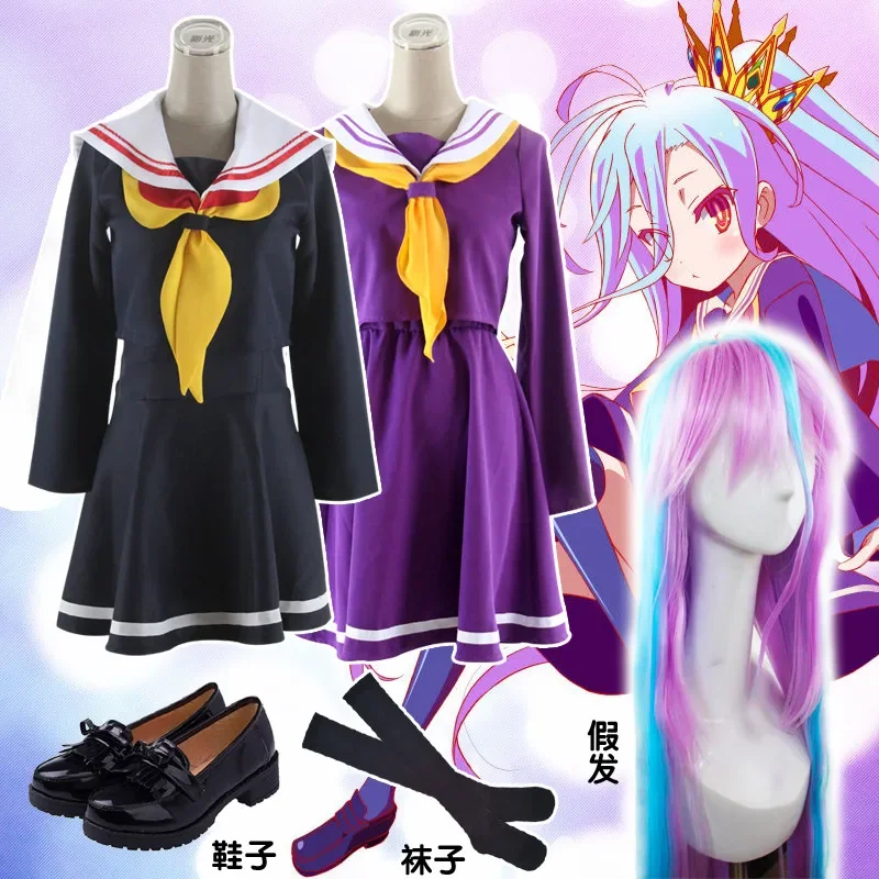 Disfraz de Cosplay de Shiro No Game No Life, falda de cuello cuadrado, vestido de niña, peluca de pelo, XS-XXXL