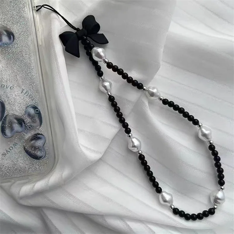 

Корейский милый 3D черный бант, белая бусина, цепочка для телефона, подвесной ремешок для iPhone, CCD, подвесная веревка, ювелирное украшение для девочек, подвеска