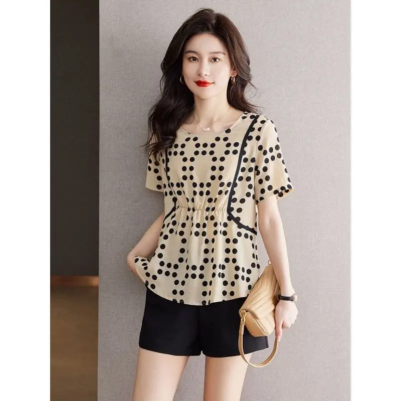 Elegant O-Neck Spliced Folds Polka Dot Chiffon Blouses Women\'s Clothing 2024 Summer New Loose Chic Tops Office Lady Shirts