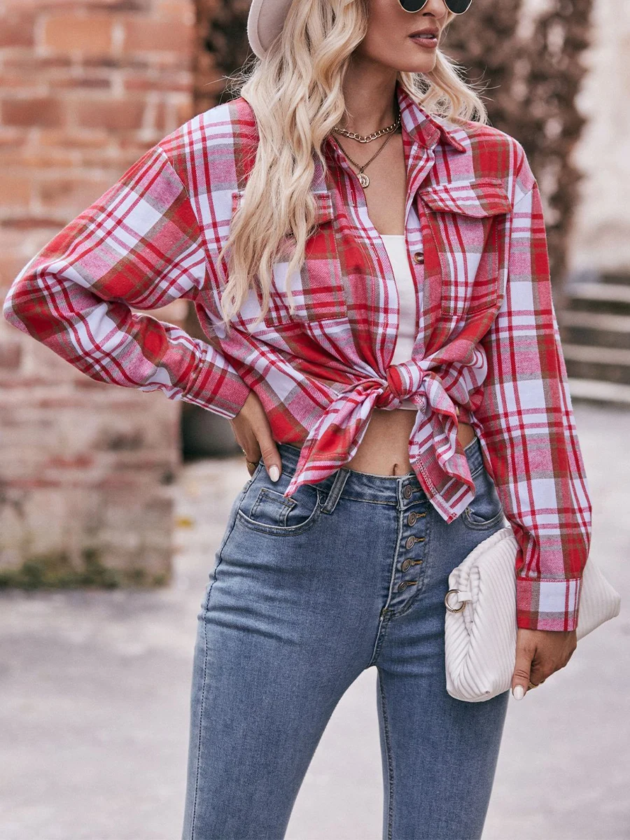 Women s Checkered Shirt Long Sleeve Lapel Collar Flannel Shacket Ladies Oversized Boyfriend Plaid Button Down Shirts 2023 Fall