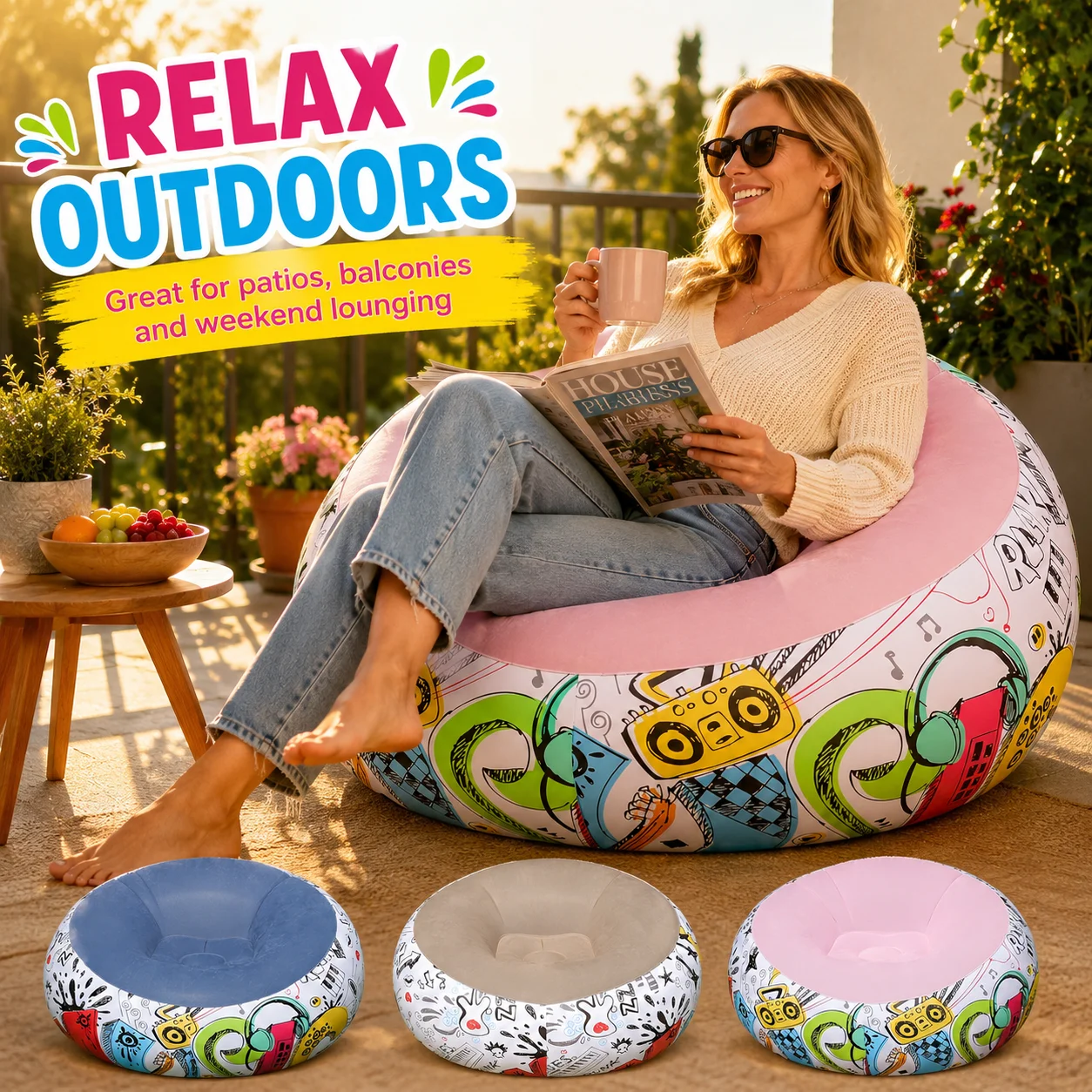1PC Portable Inflatable Round Bean Bag Sofa, Flock Surface Graffiti Pattern Inflatable Relax Chair with Air Pump