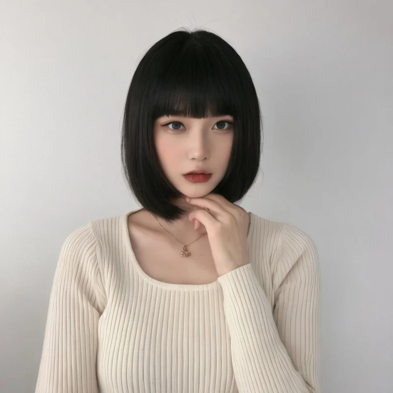 

Women's wig with bangs, Korean and Japanese , short straight hair, realistic bob style, full head cover