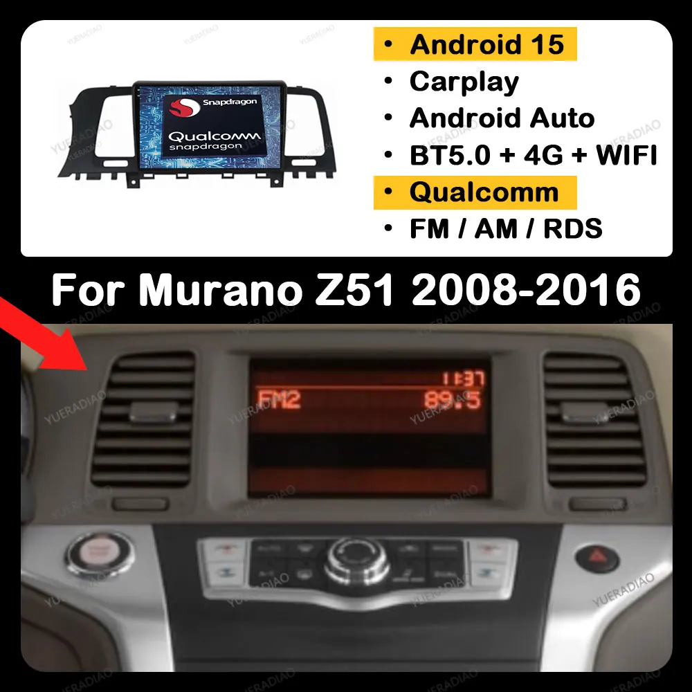 

Android 15 Car Radio For Nissan Murano Z51 2008 - 2016 Multimedia DSP 4G LTE 5G WIFI Qualcomm BT Wireless Carplay Auto Stereo