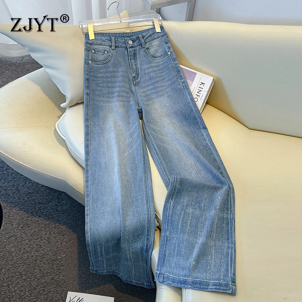 

ZJYT мешковатые джинсы женские брюки весенняя новая мода широкие брюки с бриллиантами синяя женская одежда уличная одежда джинсовые женские брюки