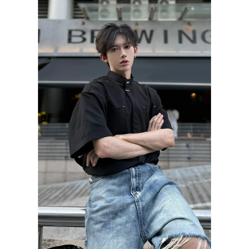 

Bla Stand Collar ort Sve Men's irt Dra Sensation Loose Fit Summer New Chinese Sle High End Outerwear for Boys