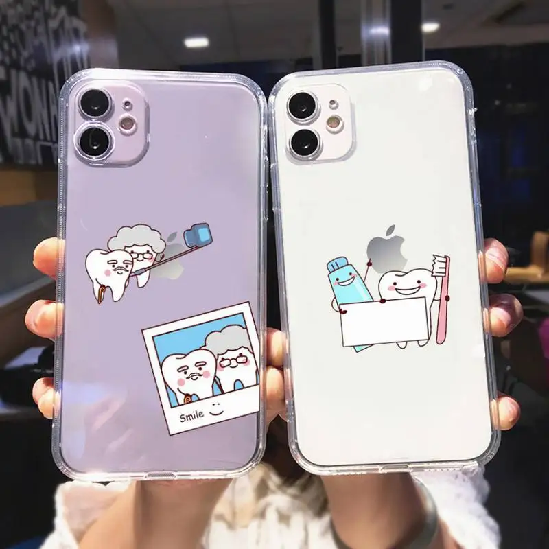 Funny Cartoon Dentist Crowned Teeth Phone Case For iPhone 11 12 Mini 13 Pro XS Max X 8 7 6s Plus 5 SE XR Transparent Shell