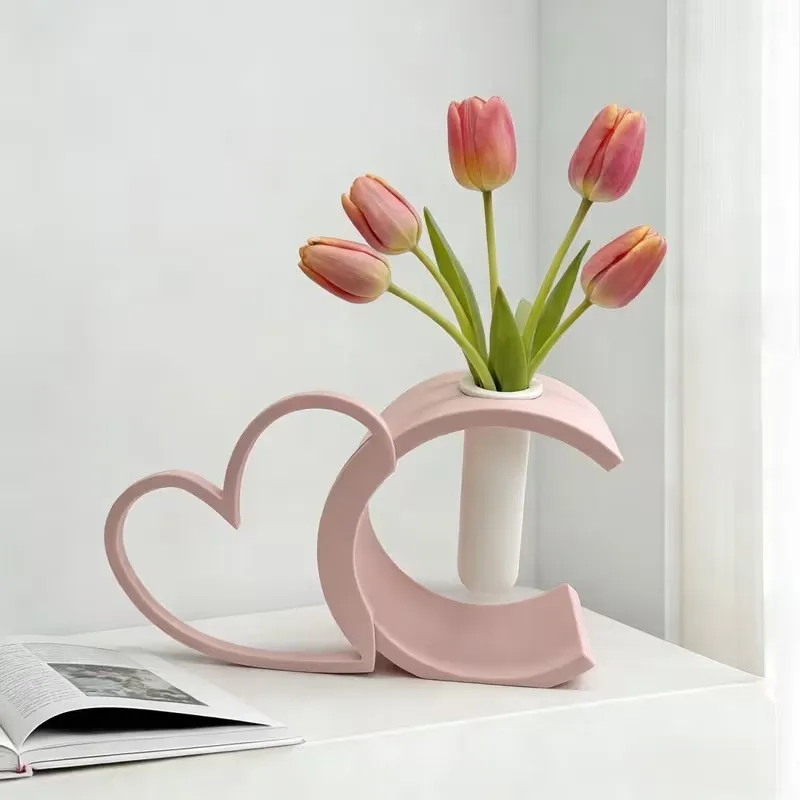 3D Printing Pink Heart C Shaped Vase with Test Tube Planter Modern Minimalist Floral Container for Home Desk Decor