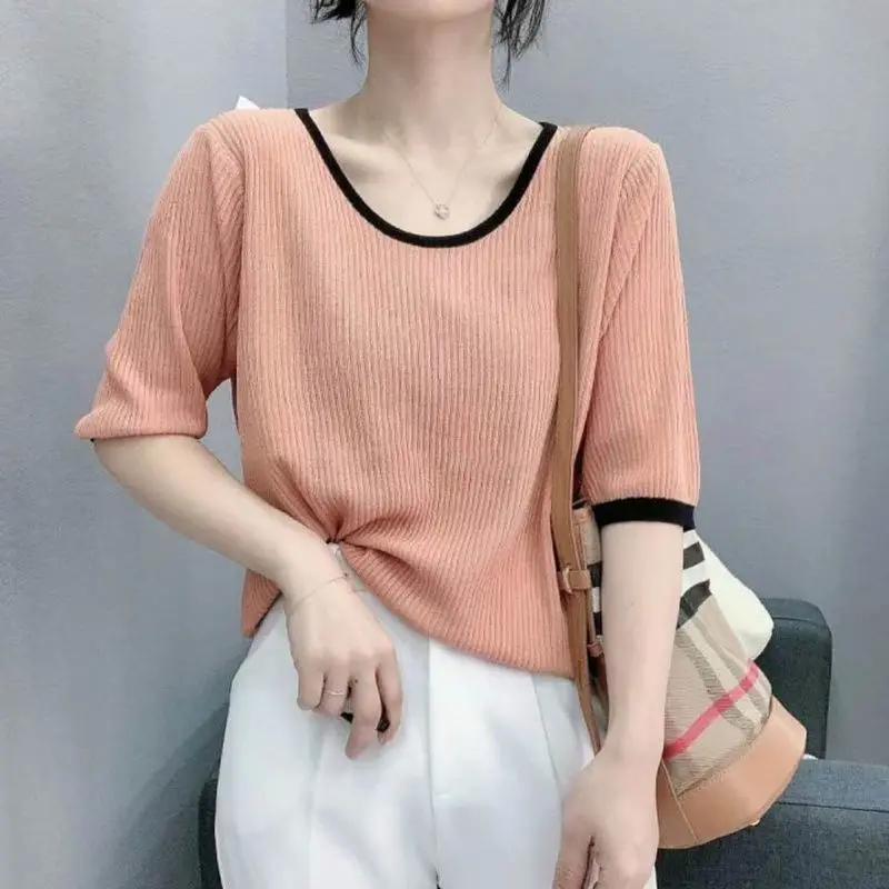 

Extra Large Size Summer New Korean Ice Silk Round Neck Sweater Short-sleeved T-shirt Women's Solid Color Top Trendy