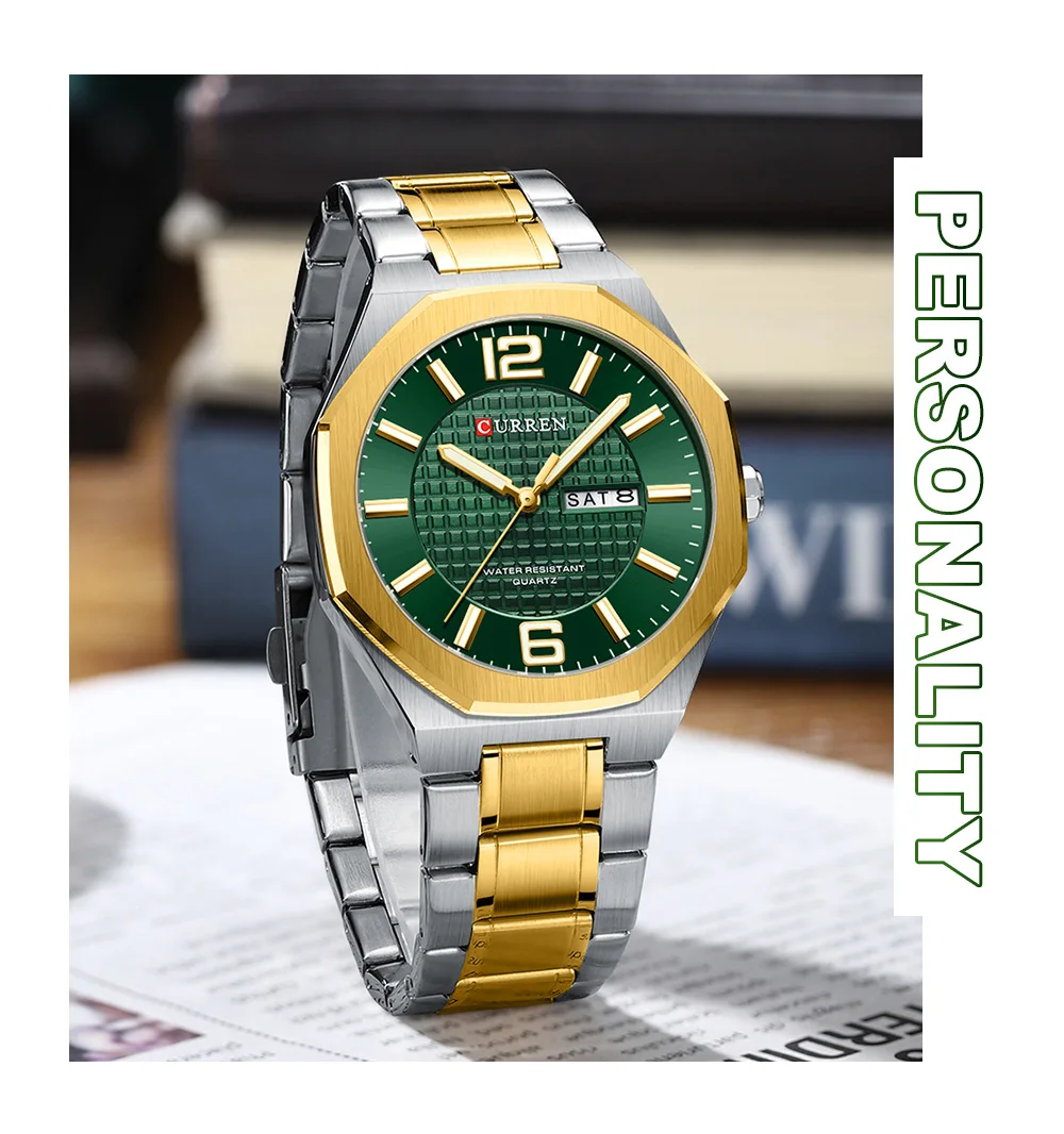 CURREN Herren-Businessuhr Quarz mit Tages- und Datumsanzeige, Edelstahlarmband, schlanke Armbanduhr für Männer, Leuchtzeiger – Detail 10