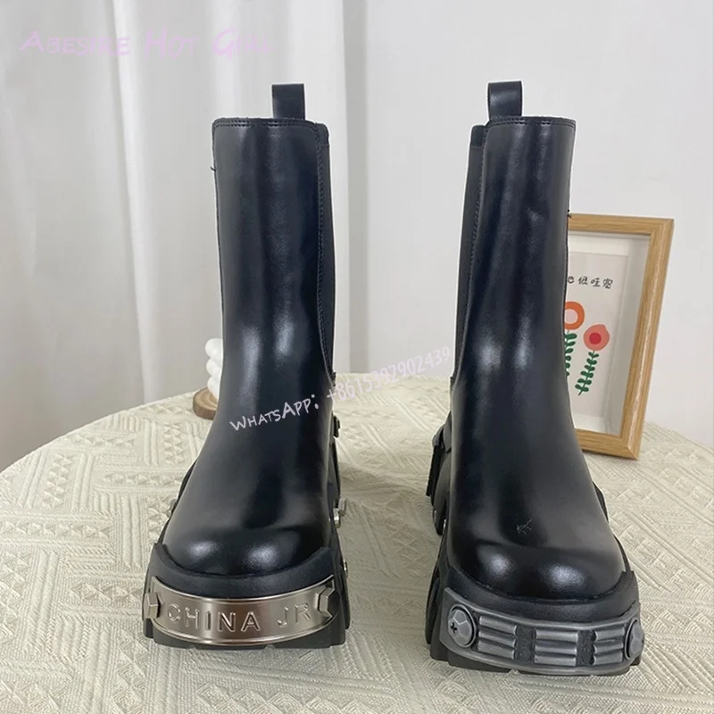 Metallic Silver Boots Black Leather 6.5Cm Fretwork Heels Rivet Design Girls Cool Calf Booties Short Spring Versatile Women Shoes