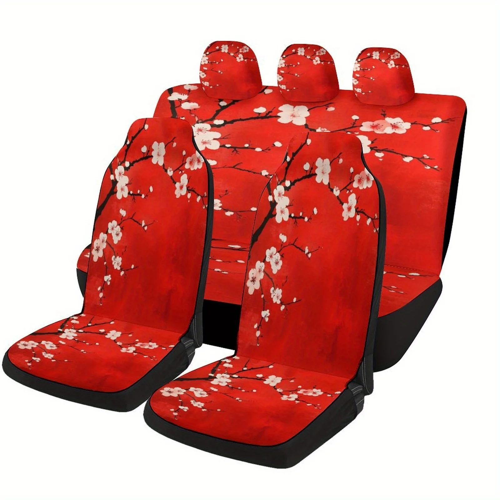 Set Of Car Seat Covers Featuring A Red Blossom Branch Design, Suitable For Various Vehicles. Stylish And Unique, These Full Set