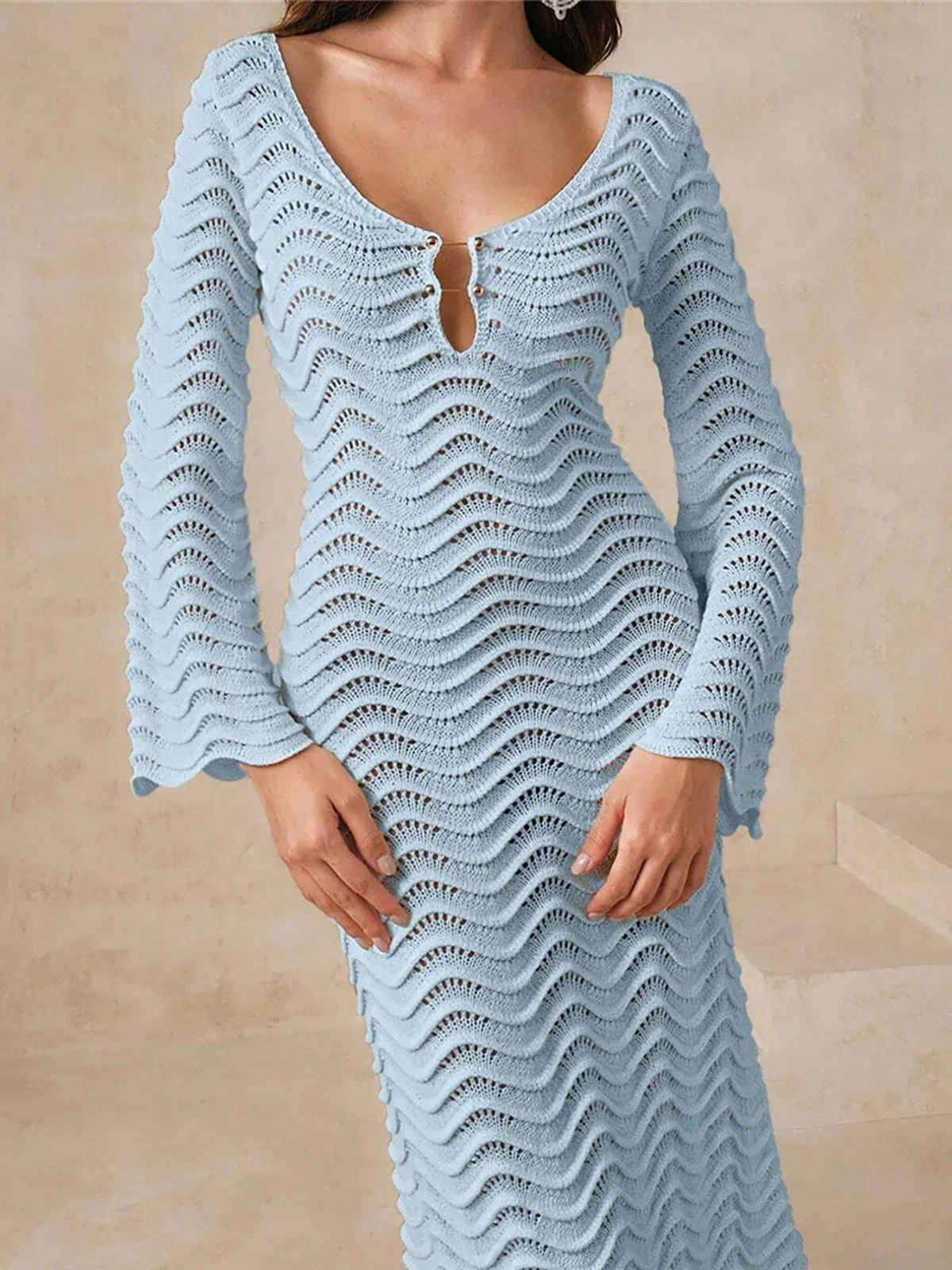 Long Sleeve Backless Wrinkled Crochet Knitted Tunic Beach Cover Up Cover-ups Beach Dress Beach Wear Beachwear Female Women K6360