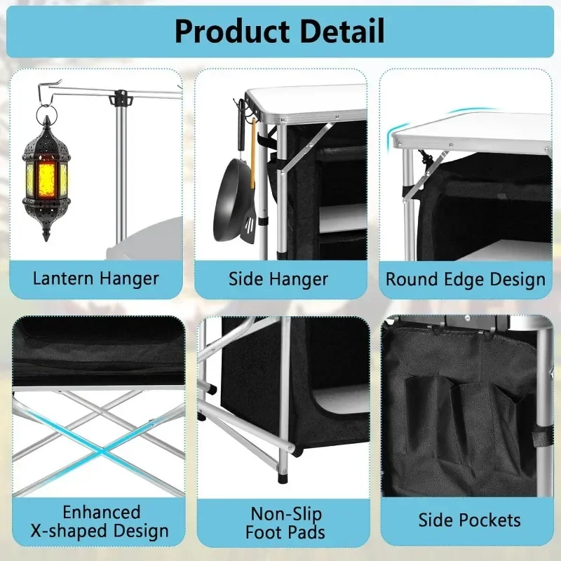 Seetek meja dapur Kemah 3 lemari, meja penyimpanan aluminium portabel luar ruangan, Meja Kemah lipat dengan layar angin