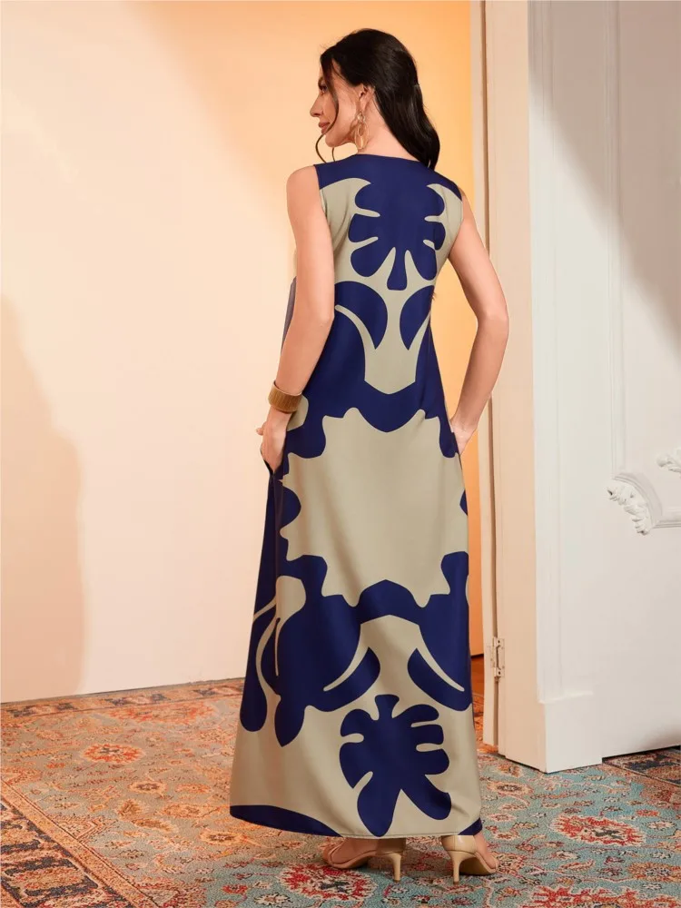 여성용 뉴 빈티지 캐주얼 프린트 드레스 봄 여름 우아한 브이넥 민소매 파티 맥시 드레스 여성 보헤미안 루즈 드레스