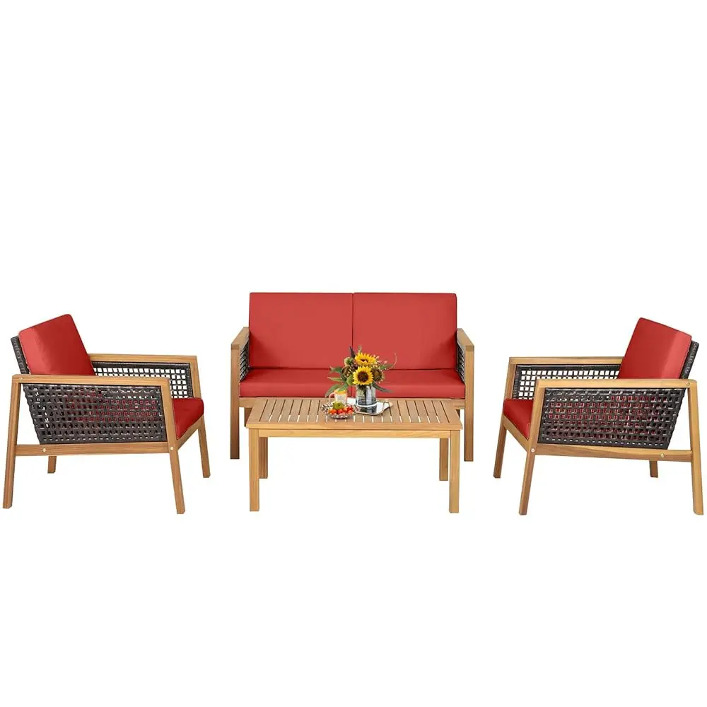 

4 Pieces Patio Conversation Set Acacia Wood Furniture Set With Coffee Table, Pe Rattan Wicker Sofa Set With Soft Cushions For