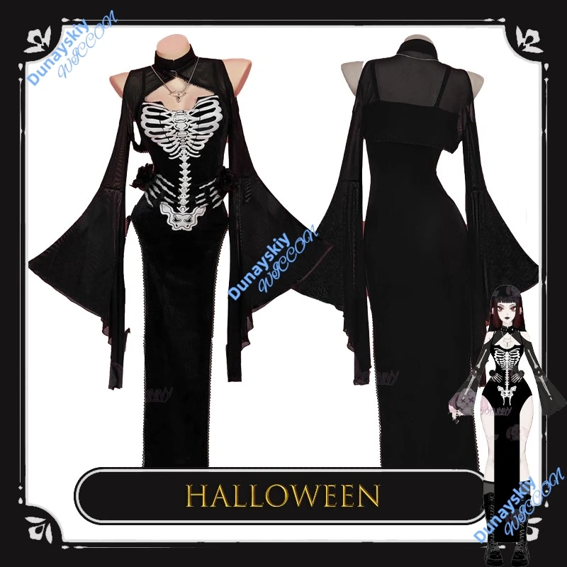 

Halloween Cosplay Skeleton Knight Gothic Outfit Black Skull Slit Dress Cutout Flare Sleeve Cloak + Necklace for Adults