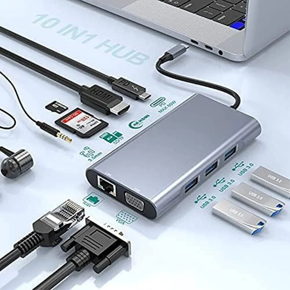 USB C Hub Double Display Type C Docking Station 4K HDMI VGA Gigabit Ethernet Power Delivery SD/TF Card Audio for MacBook laptop