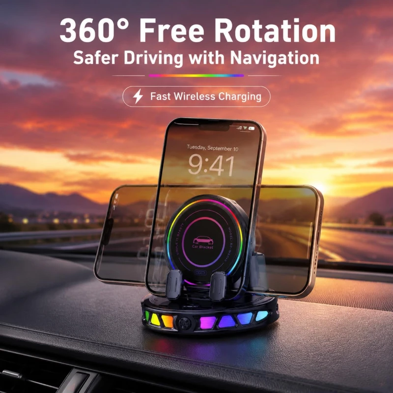 15W MagSafe Car Mount Charger with 7-Color RGB Light, Car Phone Holder for Your Car, Horizontal Mode Wireless Charging, 360 °   Rotating Strong Suction Mount for iPhone 17 Pro Max 16 15 14 13 12