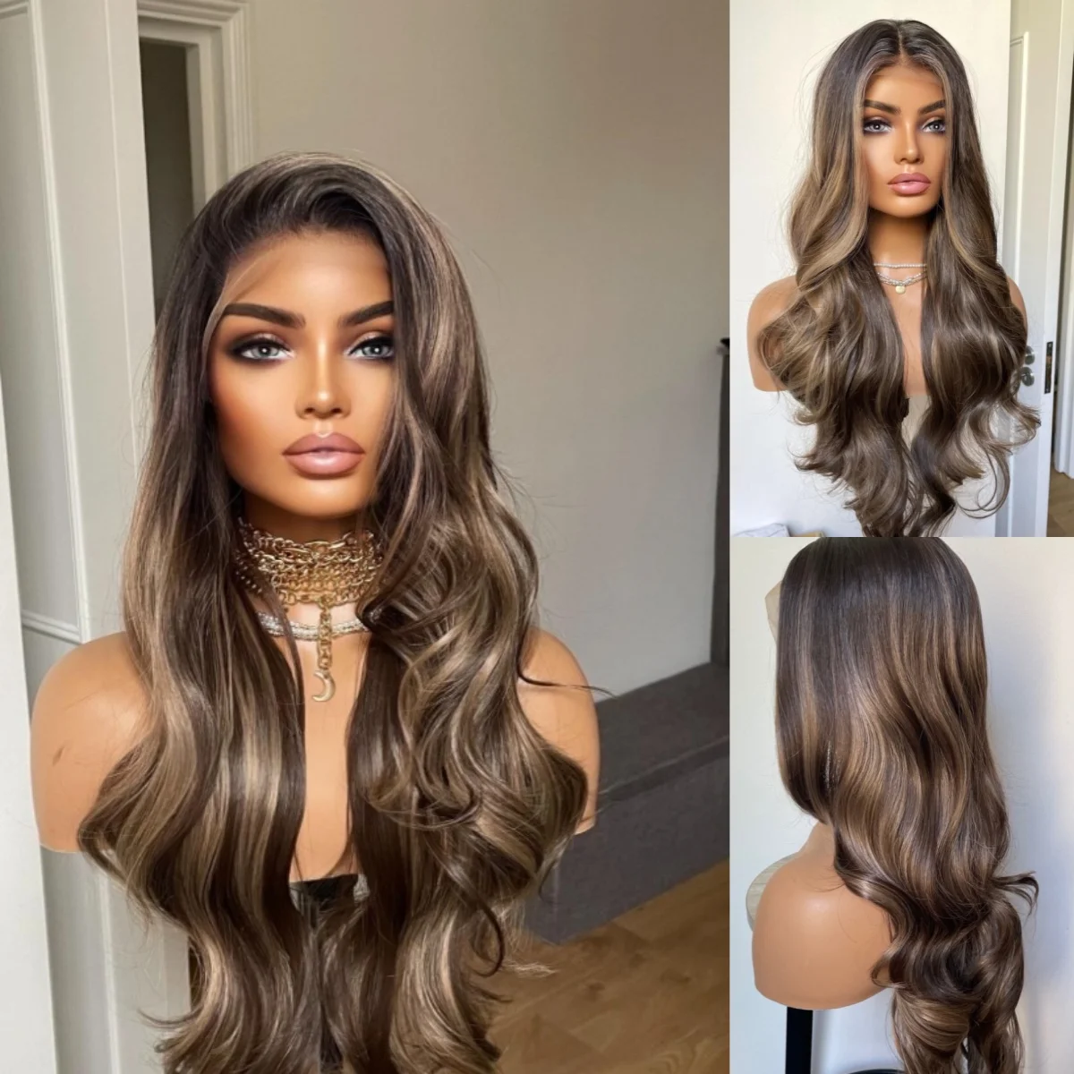 

Длинные волнистые темно-коричневые парики 13*4 Синтетические парики спереди для женщин Средняя часть париков с кружевным верхом Высокотемпературные волосы