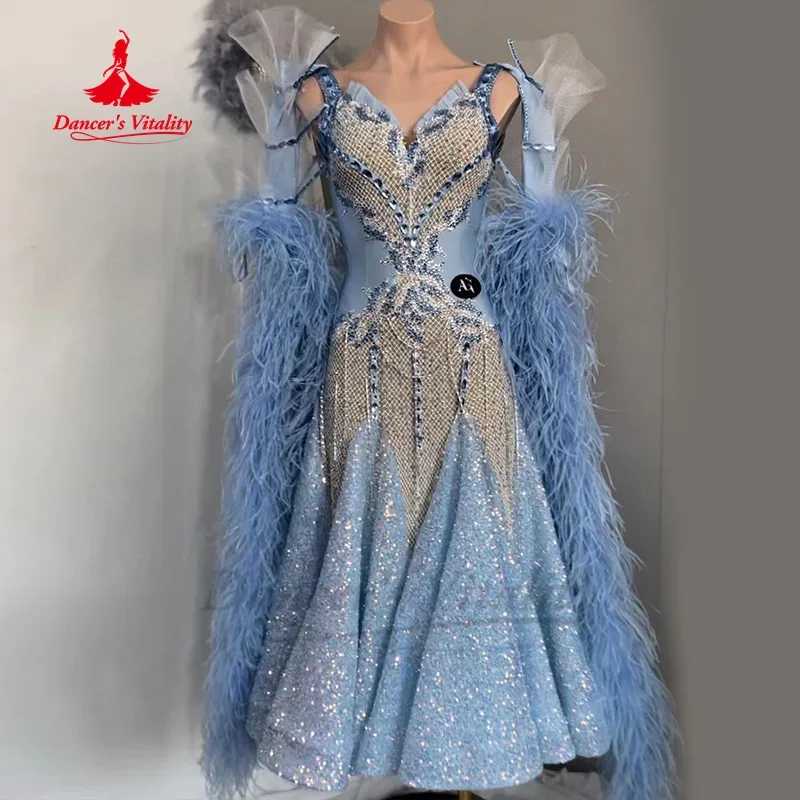 Modern Dancing Competition Dresses High-end Customized Luxury AB Stones Feather Dress Waltz Ballroom Dance Performance Costume