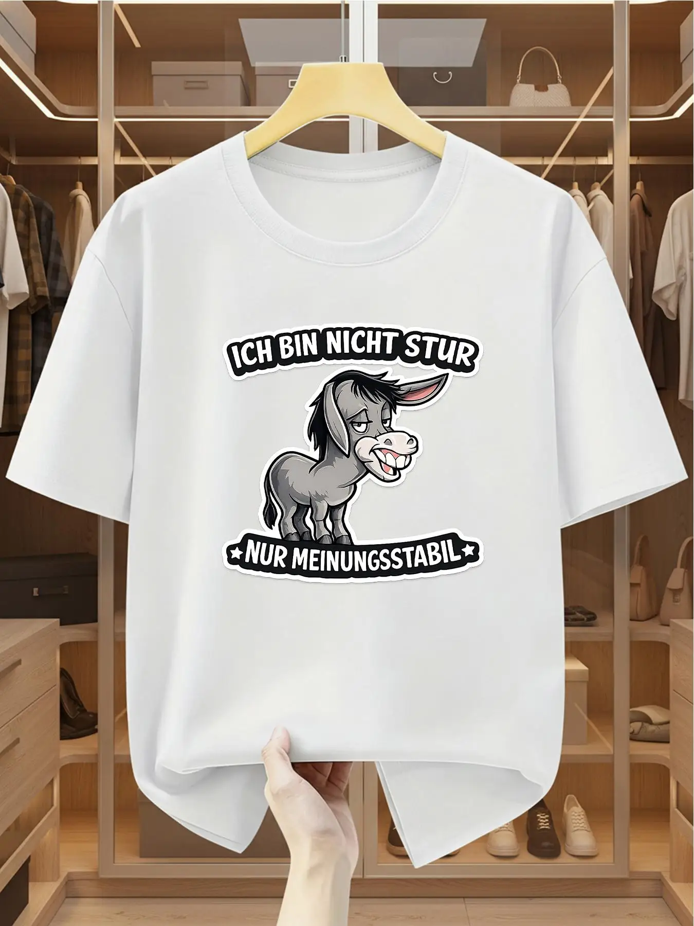 T-shirt pour hommes grande taille 100 % coton avec un imprimé drôle d'un âne et une citation allemande « Je ne suis pas rigide, juste stable dans mes opinions » Comfo