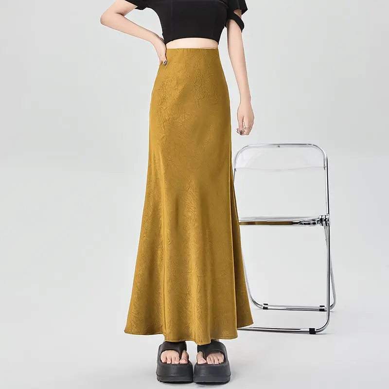 

Acetate Satin Fishtail Skirt For Women High Waist Solid Color Slim Fit Split Skirts Summer Casual Wrap Hip Long Skirt