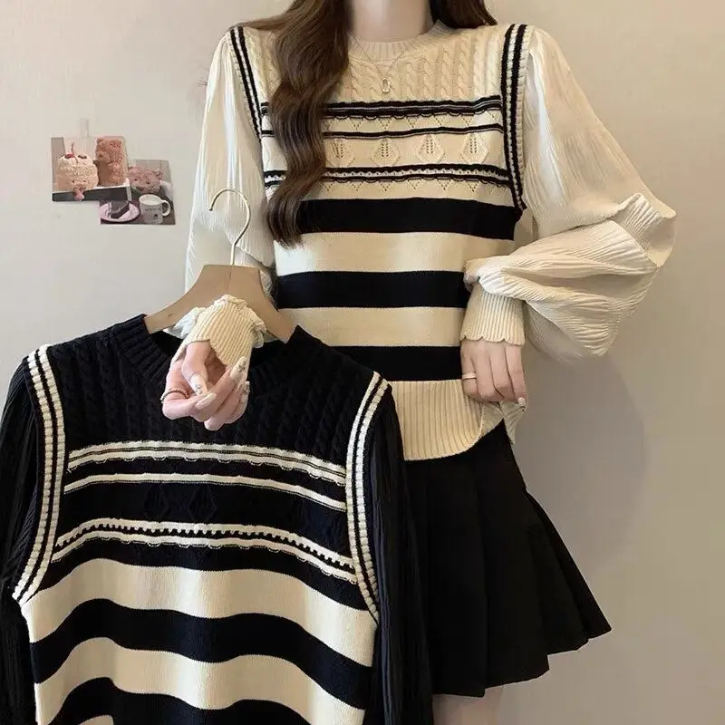 Autumn Winter Elegant Fashion Korean Style All-match Pullovers Women Clothing Striped Patchwork Chiffon Tops Casual Chic Sweater