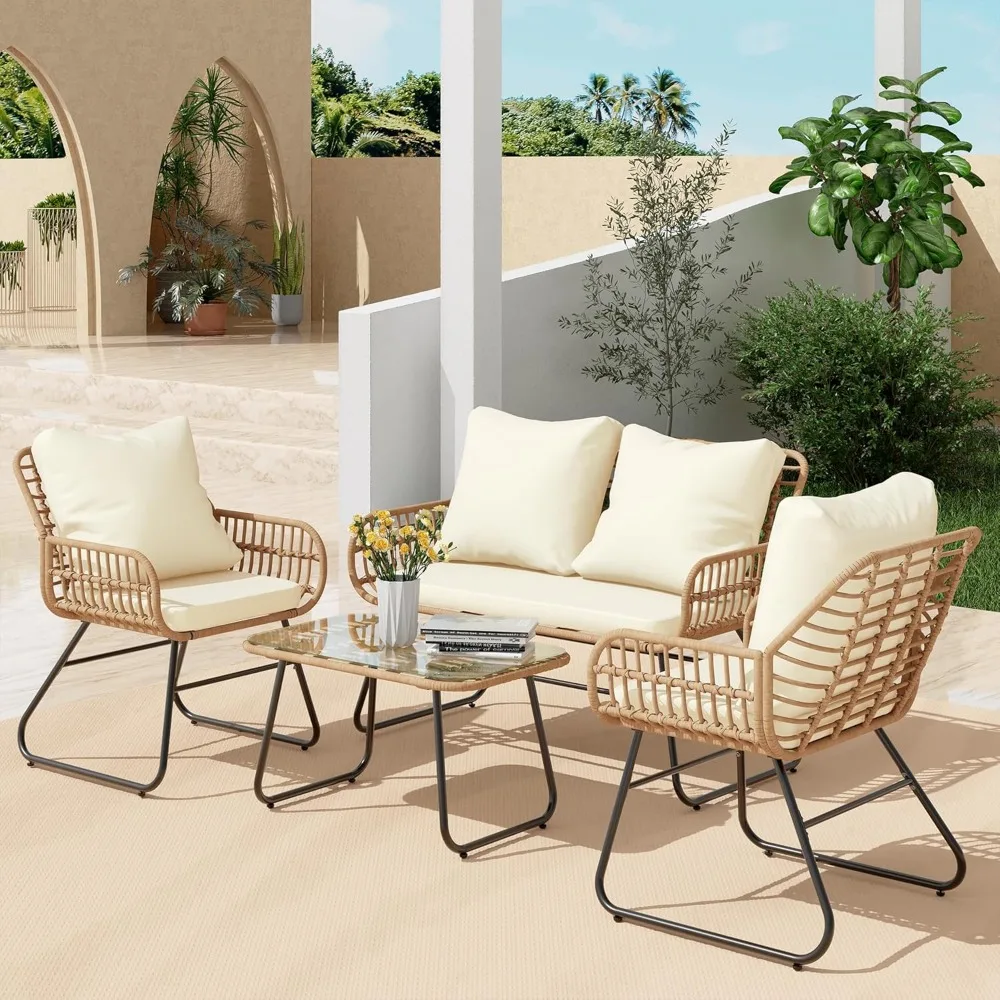 

4-Piece Outdoor Patio Furniture Set with Cushions & Tempered Glass Table, All-Weather Rattan Bistro Set with Loveseat Chairs Tab