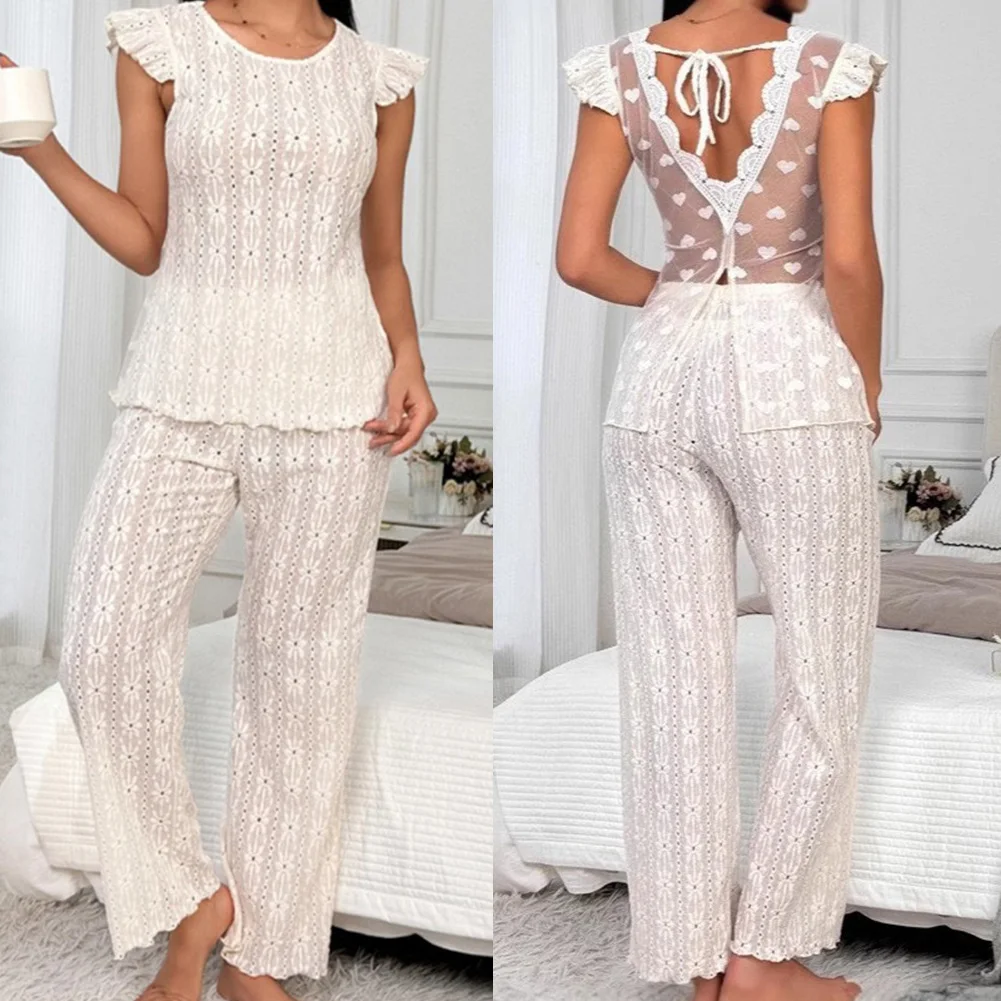 

Womens New Temperament Mesh Splicing Hollow Pajamas Set Fashion Home Clothes