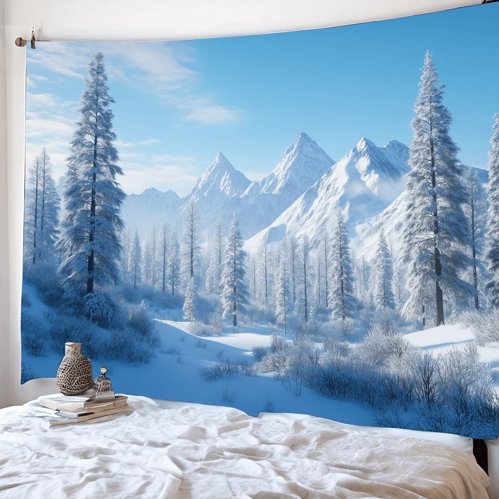 1pc Tranquil Winter Wonderland Pine Forest Wall Tapestry - Snow-Covered Mountains & Evergreen Pines Landscape, Soft & Horizontal