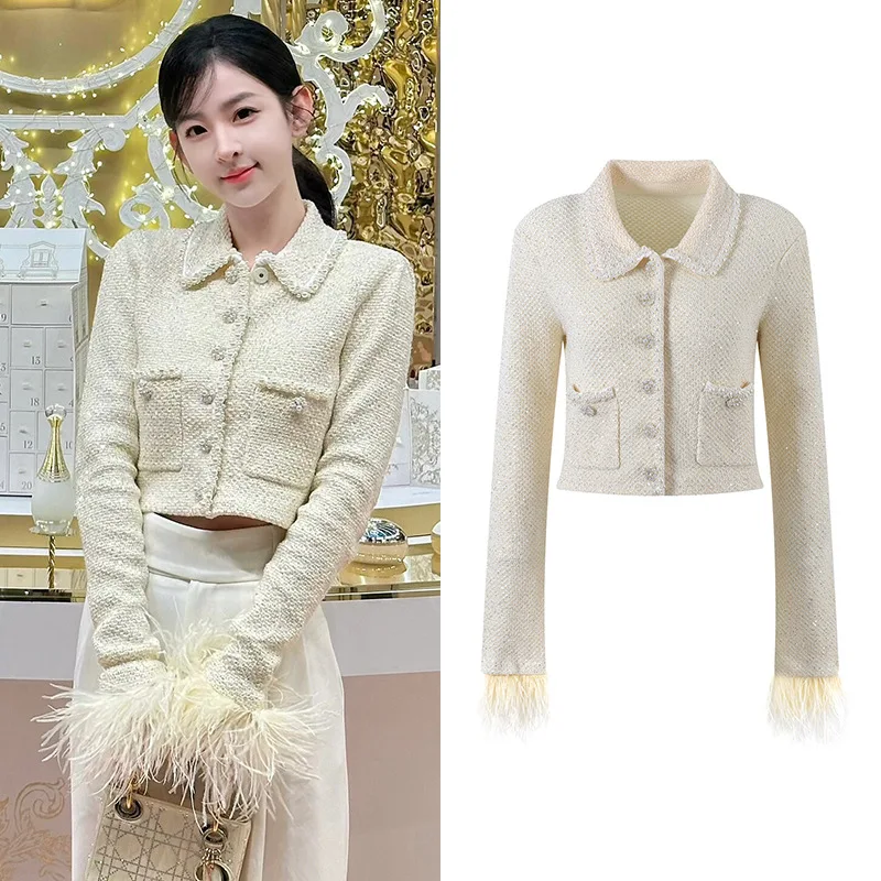 

iny Heavy Work Tweed ort Open Cardigan Женская куртка с перьями Осень-зима Новый Sle Small Fraance Sle Design