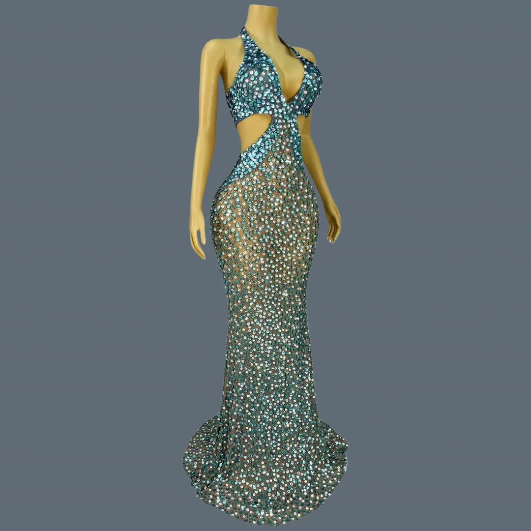 New Mermaid Blue Maxi Dress Shell Sequins Rhinestone Evening Gown for Women Luxury Ball Dress Deep V Neck Mesh Dress Beiduofen