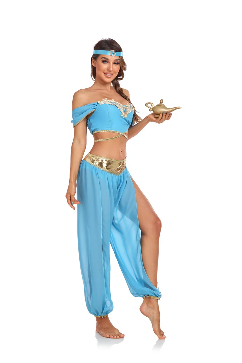 Donne Sexy Aladdin Magic Lamp Princess Jasmine Costume Halloween Carnival Party Dress Up Belly Dance Stage Performance Costume