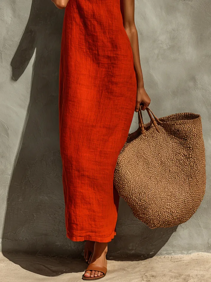 Damenkleid in Unifarbe mit Verstellbaren Trägern und Quadratischem Ausschnitt im Bohemian-Urlaubsstil – Detail 3