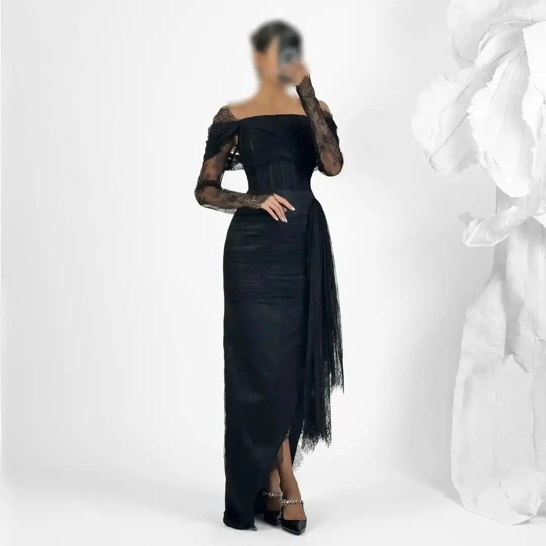 

Ofherown Pleat Lace Mermaid evening Dresses Elegant Side Slit Prom Gowns Dubai Elegant Illusion فساتين سهرة Customized