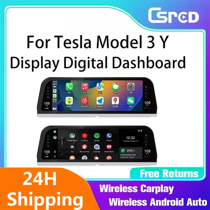 Csred 9.66 inch  Model 3 Y Digital Dashboard  for 2017-2023 Tesla Aaccessories Auto Parts Head-Up Display Carplay Android Auto