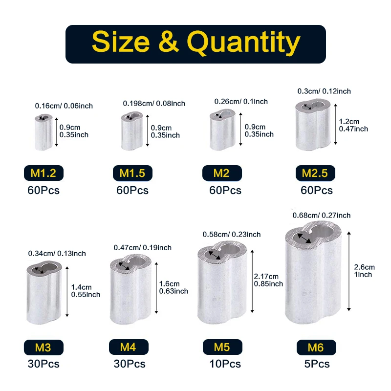 315-Pieces 8 Sizes Aluminum Crimping Loop Sleeve Double Barrel Ferrule for Wire Rope and Cable Line End Assortment Kit - M1.2-M6