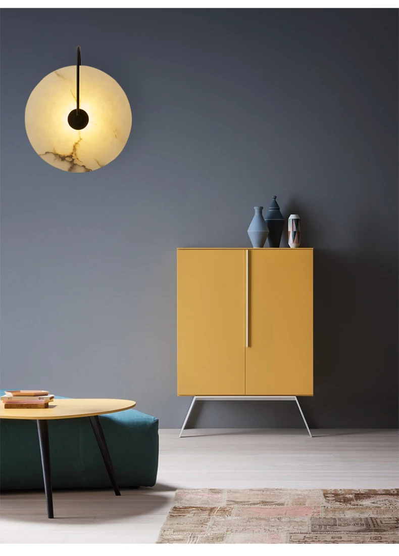 Natural Marble LED Wall Lamp Round Shape Gold Metal Free