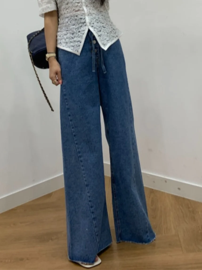 Chic Hohe Taille Breite Bein Jeans frauen Retro Single Button Design Abnehmen Spleißen Denim Hosen Herbst Faion plus Größe