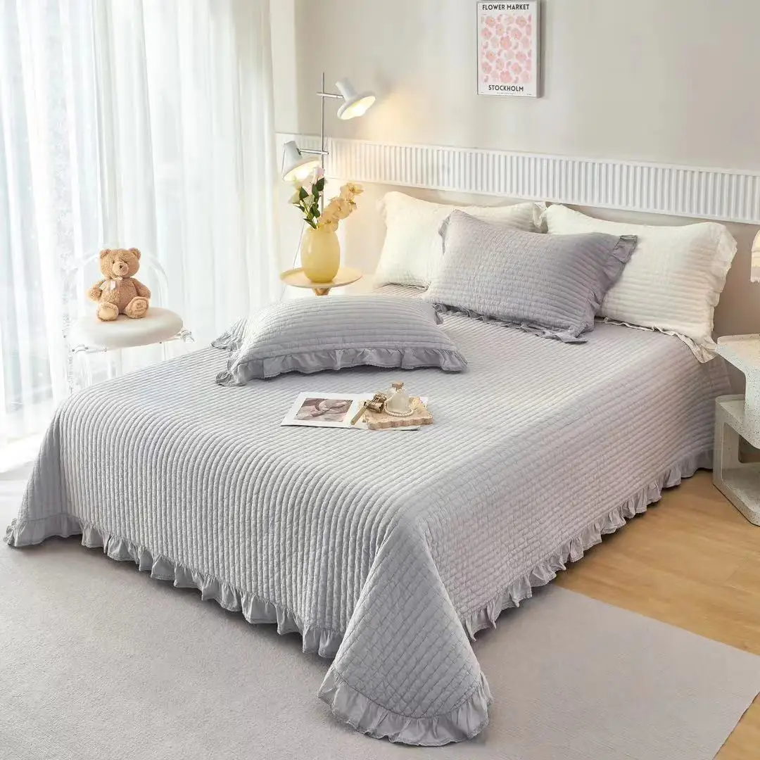 Premium 3-Piece Cotton Quilt Set - Lightweight Summer Bedspread & Thick Padded Sheet, Soft Enzyme Washed, Elegant Embroidery