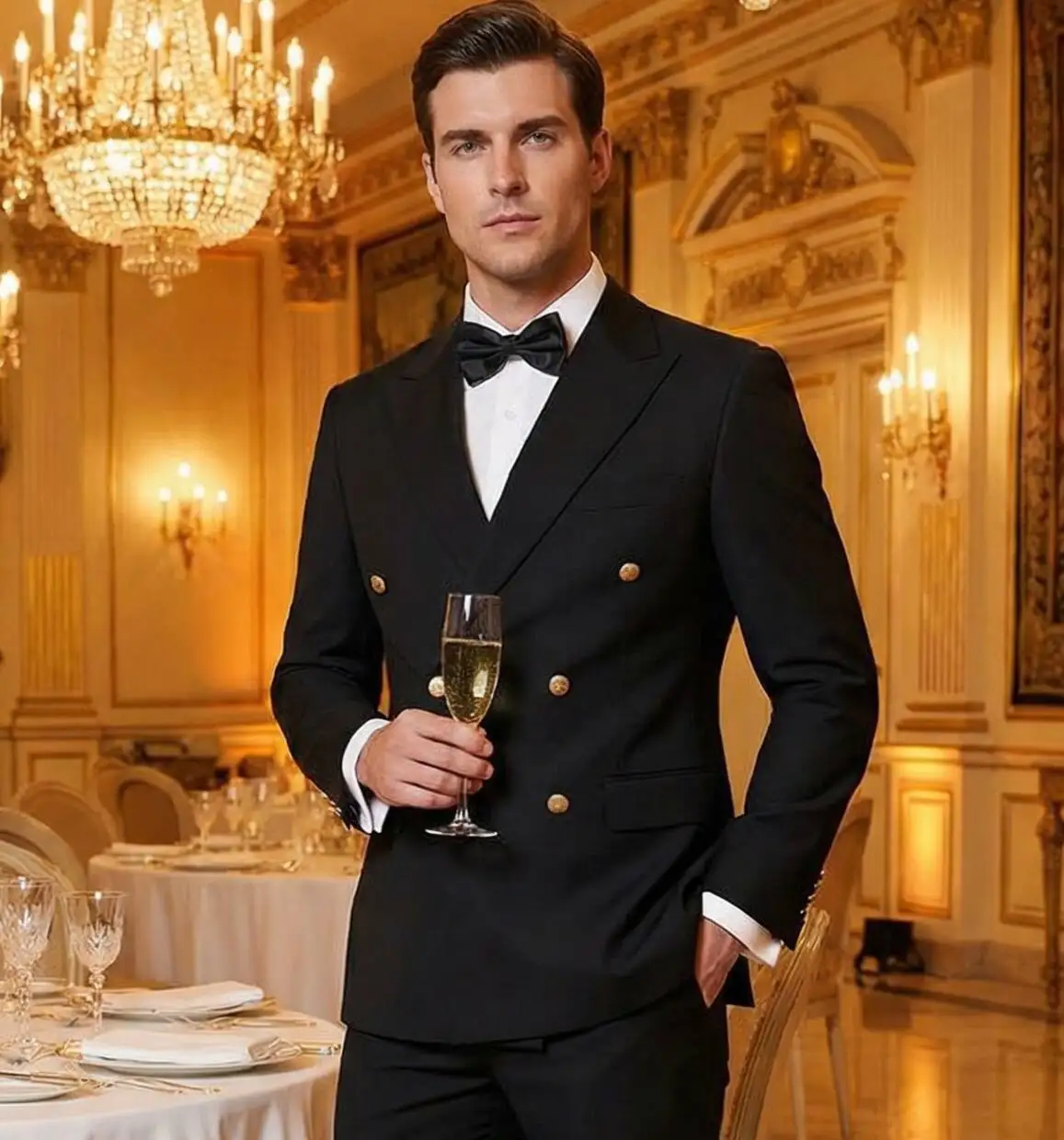 

Men Double Breasted Suit Black Slim Fit High Quality Wedding Costume Party Prom Gold Button Male Suits 2 Piece