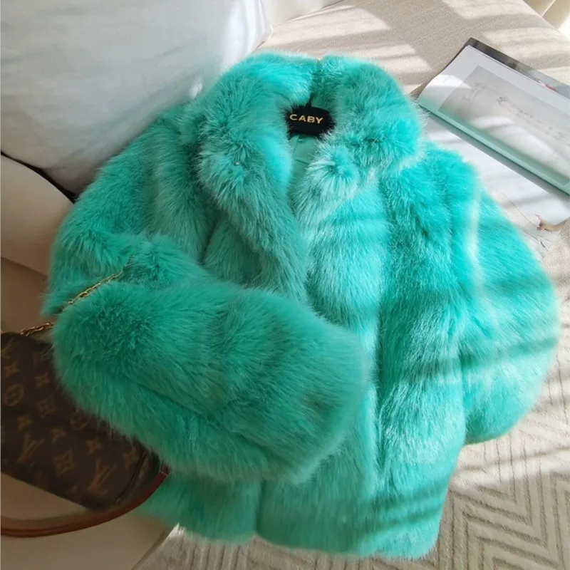 2023 Winter Mint Green Hairy Shaggy Faux Fur Coat The Spice Girls Full Sleeve Furry Warm Jacket Women Short Outercoat