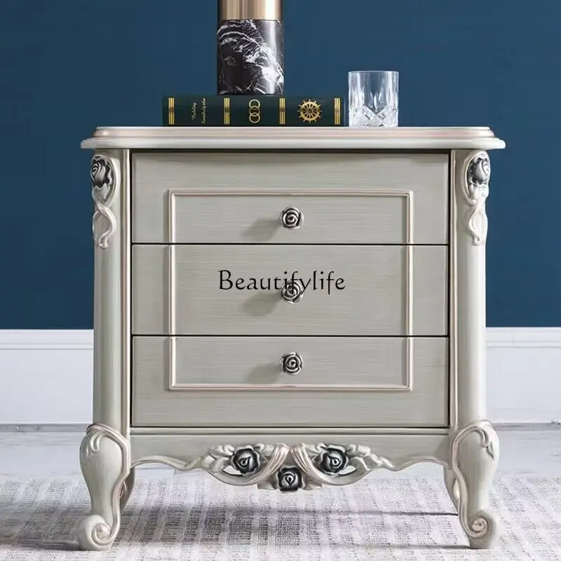 

French bedside table retro old drawer storage cabinet European solid wood carving