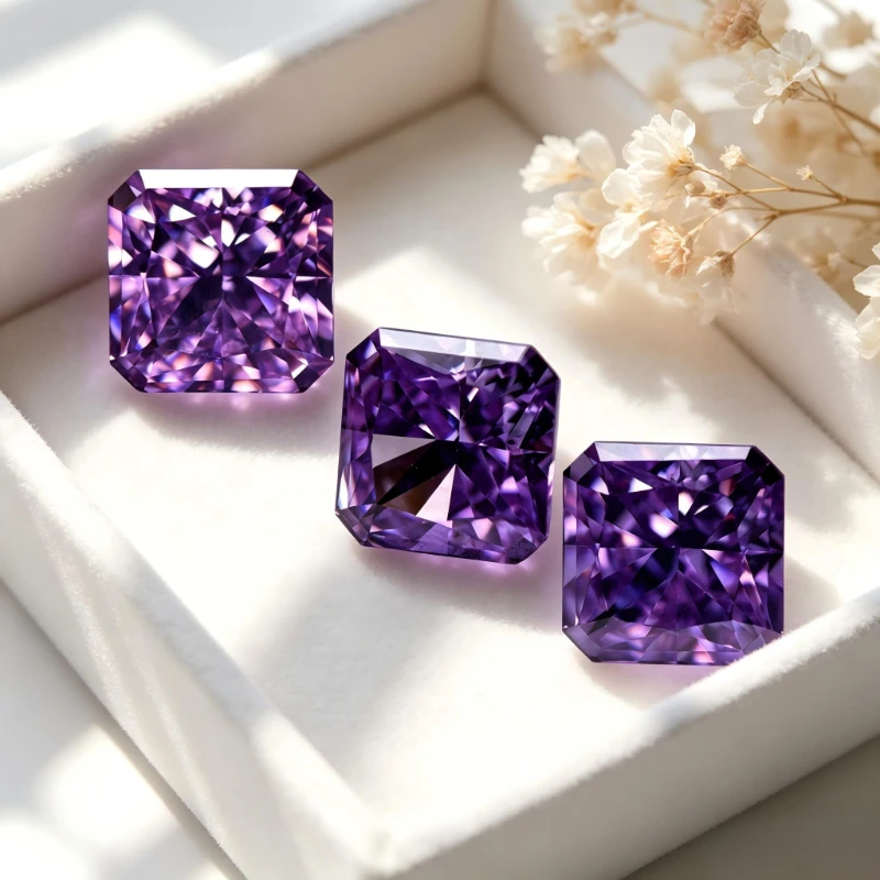 Kubischer Zirkonia, synthetischer Zirkon, violette Farbe, quadratische Form, CZ 4K-Schliff, 5A+ Qualität, Crushed-Ice-Schliff, hochkarätiger Diamant – Detail 3