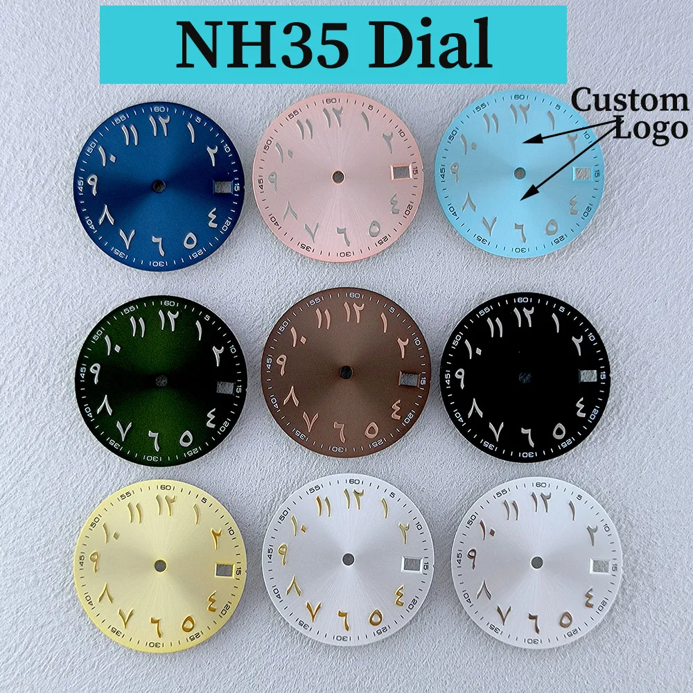 

Циферблат NH35, 28,5 мм, циферблат с индивидуальным логотипом, циферблат с арабскими цифрами, без светящегося циферблата, подходит для механизма NH35, аксессуары для часов