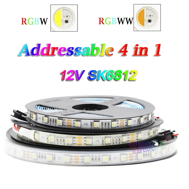 

12V DC 5m addressable 4 in 1 RGBW RGBWW LED Strip 60leds/m SMD 5050 RGB White light pixle IC SK6812 Lamp Tape Smart Lights bar