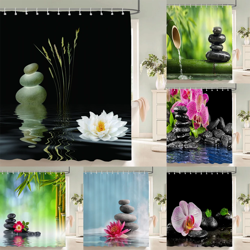 

3D Flower Bamboo Pebble Water Green Plant Shower Curtain Waterproof Polyester Curtain Home Decoration Shower Curtain Zen Curtain