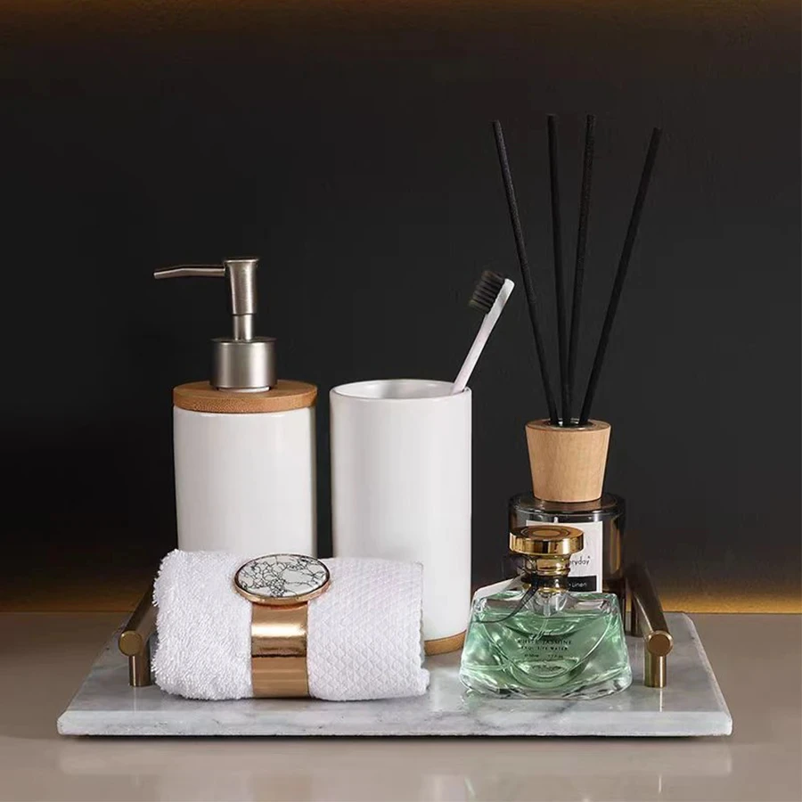 Ceramic Bathroom Accessories Set with Bamboo Tray for Bathroom Kitchen Countertop Includes Soap Dispenser Toothbrush Holder