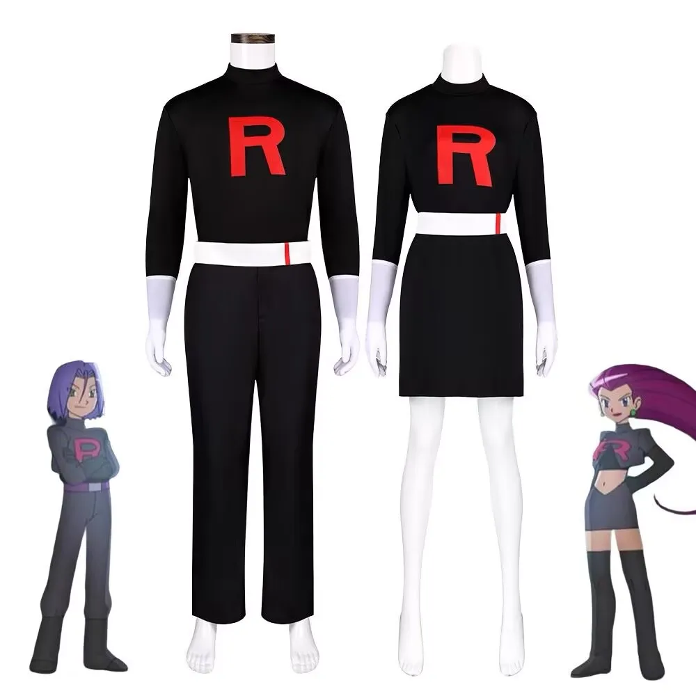 Anime Team Rocket Grunt Cosplay Kostüme Schwarze Uniform Hut Halloween Cosplay Kostüm Komplettset Damen Herren Karneval Party